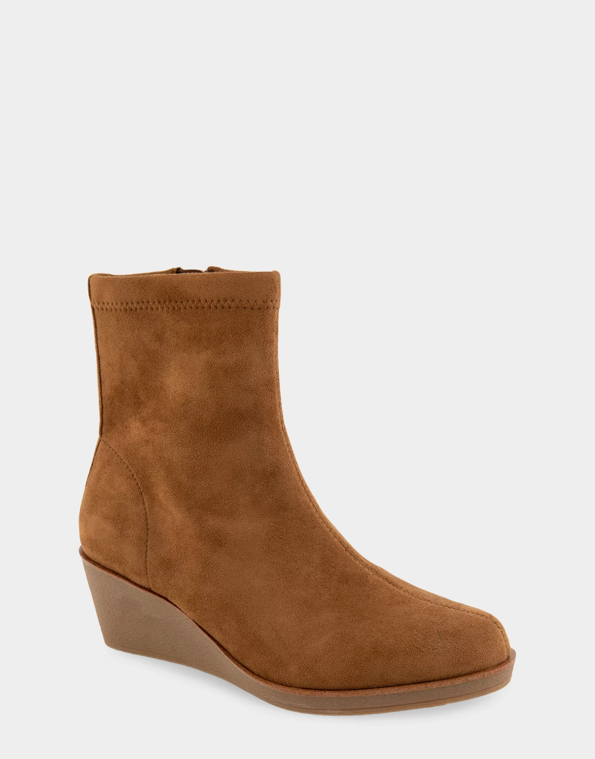 Aerosoles Wedge Boots | Heeled Boots*Comfortable Women's Stretch Ankle Crepe Textured Wedge Bootie in Tobacco Faux Suede Faux Stretch Suede