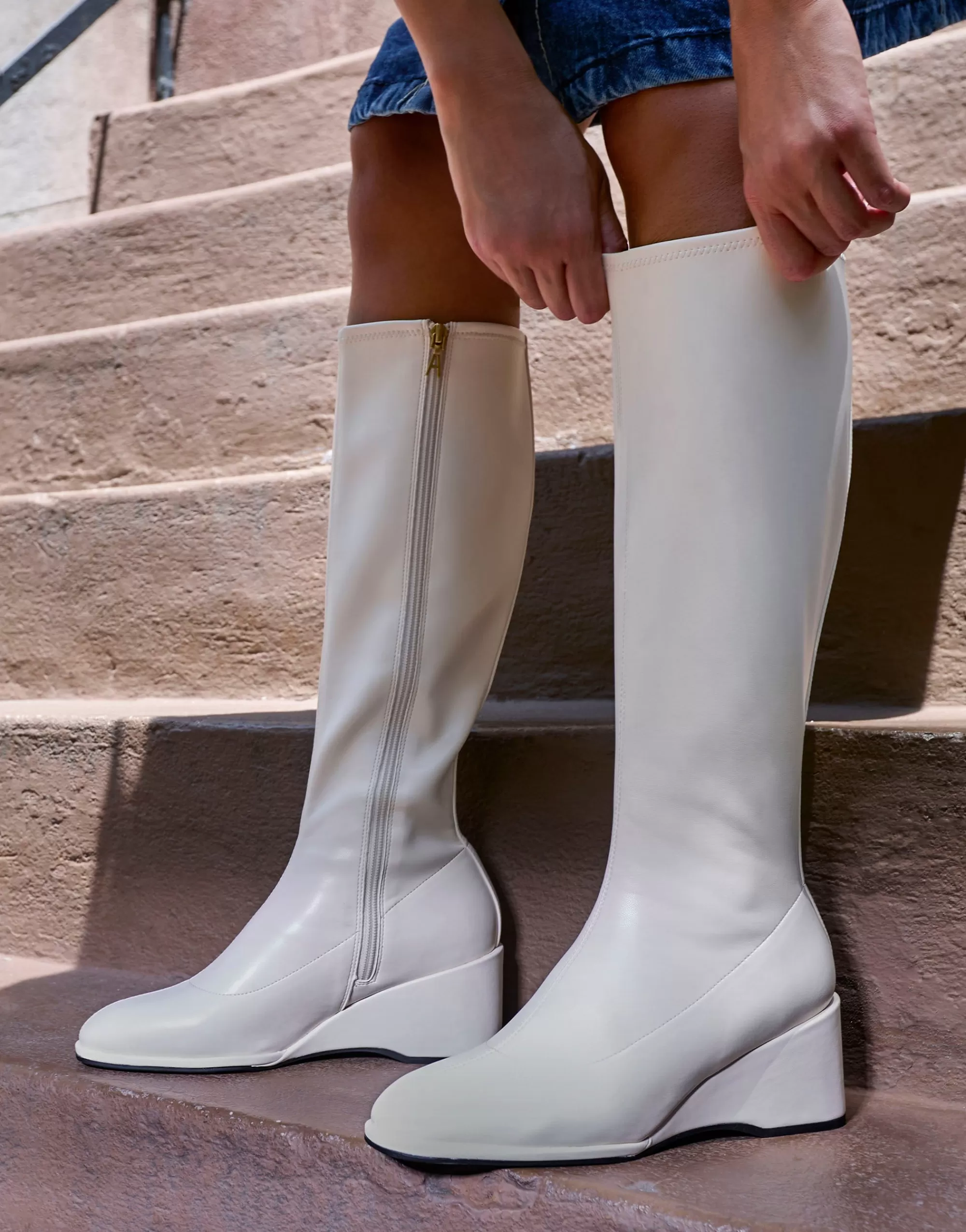 Aerosoles Wedge Boots | Tall Boots*Comfortable Women's Stretch Knee High Sculpted Wedge Boot in Eggnog Stretch Faux Leather Faux Leather