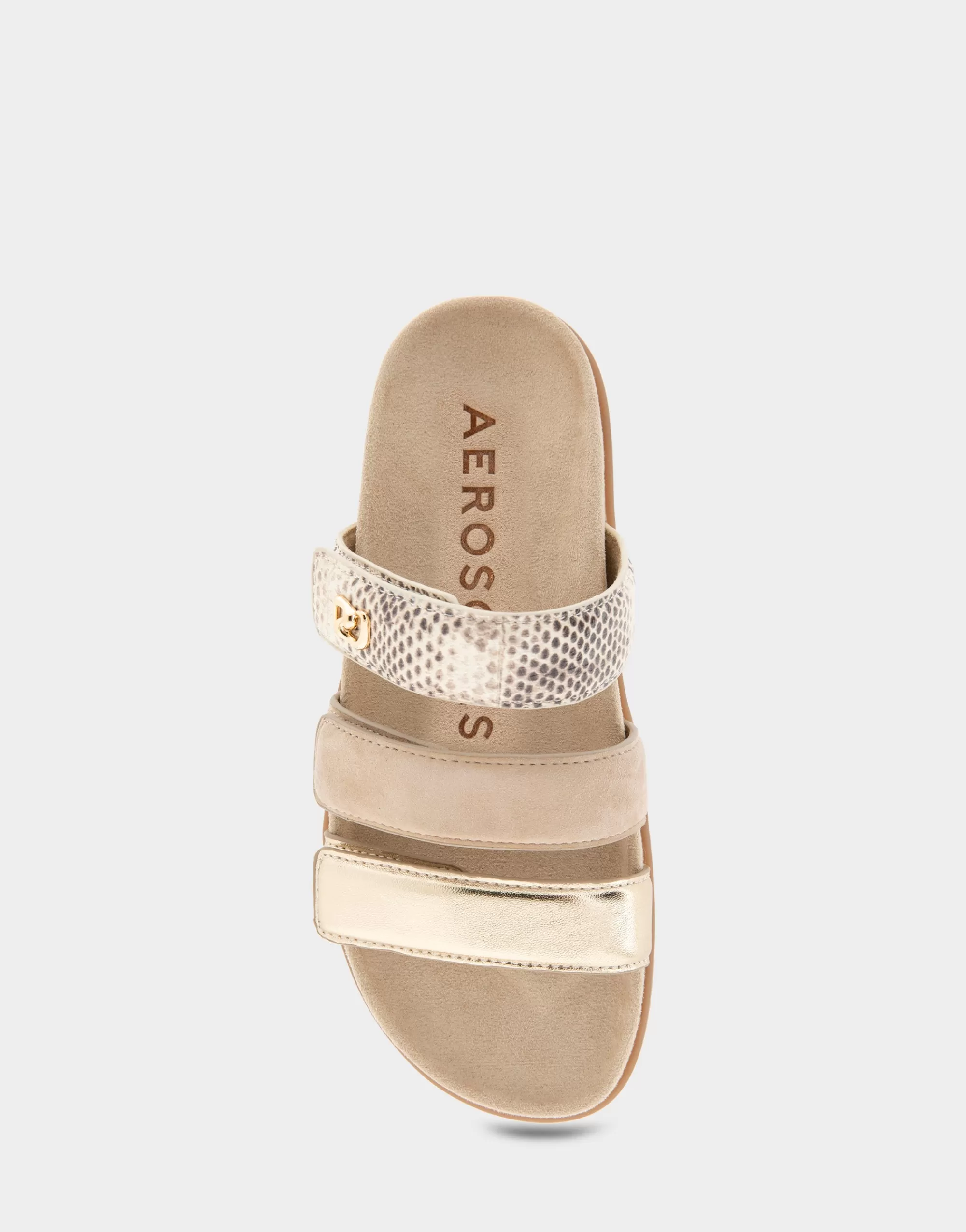 Aerosoles Flats*Comfortable Women's Three Band Footbed Sandal in Gold Metallic Leather