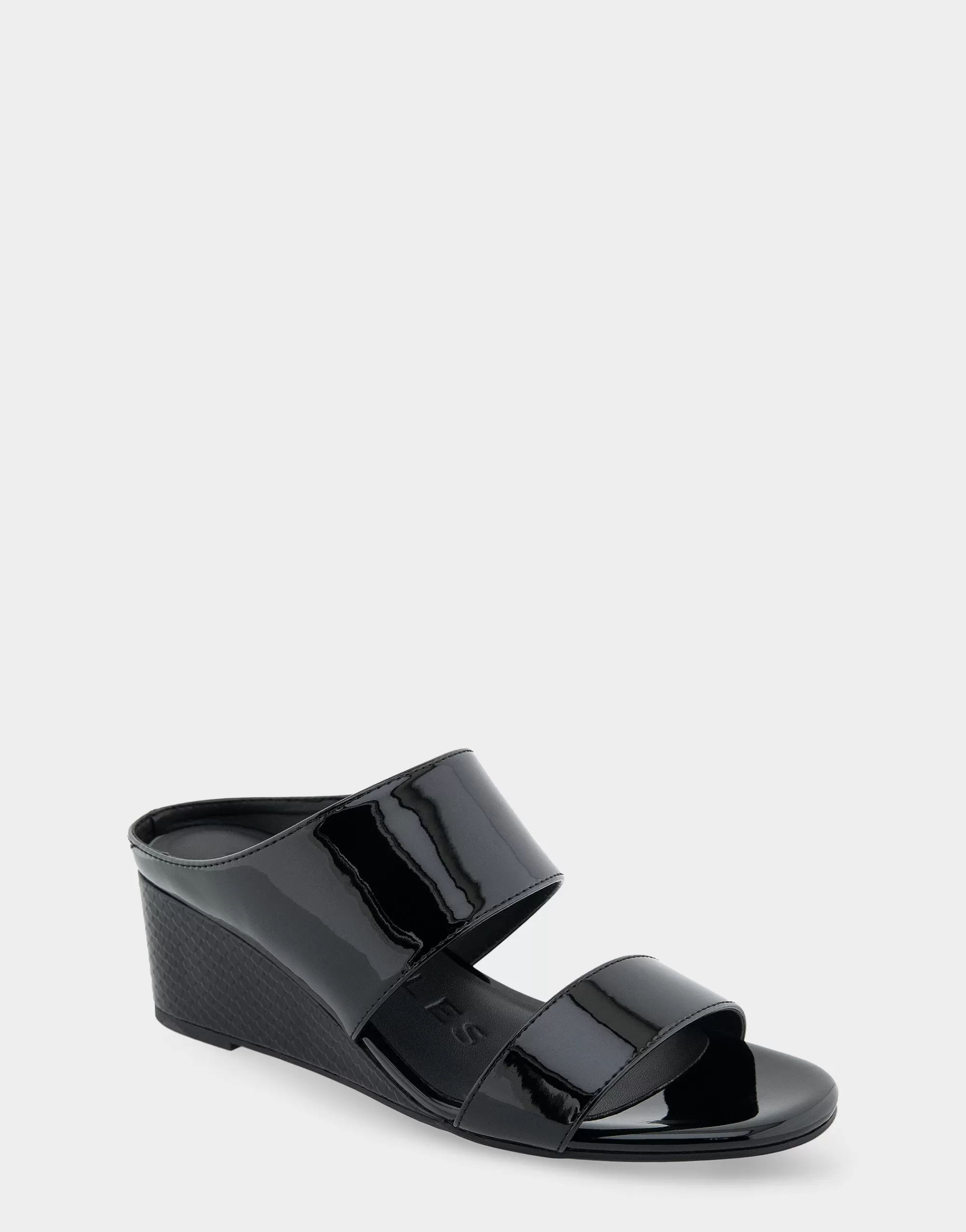 Aerosoles Wide Width Sandals | Slides*Comfortable Women's Two Band Mid Wedge Slide Sandal in Black Patent Faux Leather