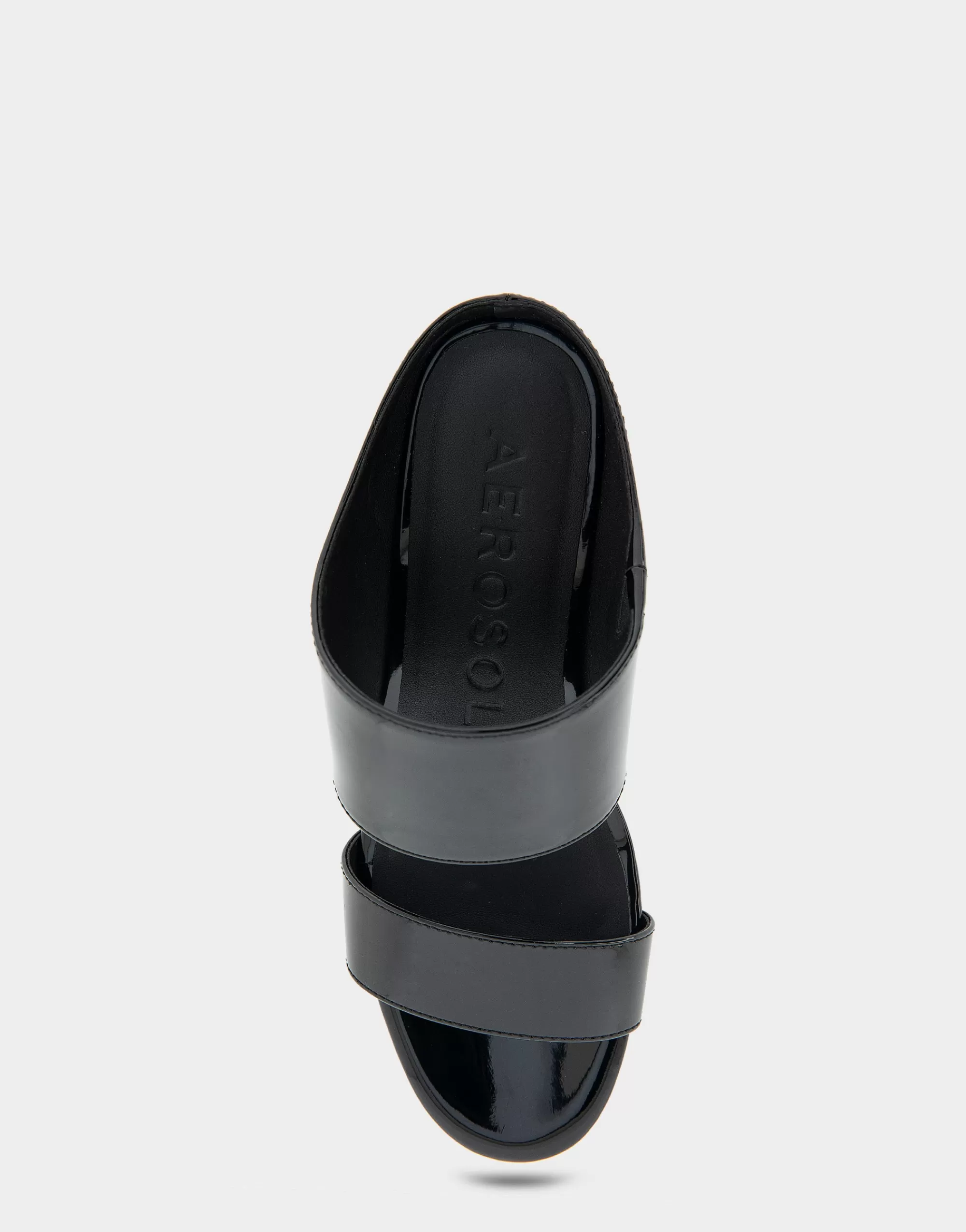 Aerosoles Wide Width Sandals | Slides*Comfortable Women's Two Band Mid Wedge Slide Sandal in Black Patent Faux Leather