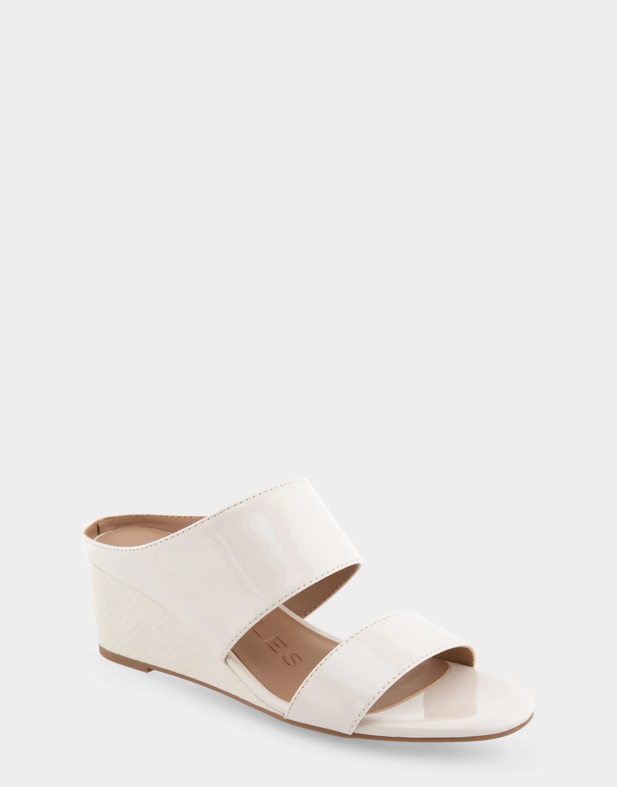 Aerosoles Wide Width Sandals | Slides*Comfortable Women's Two Band Mid Wedge Slide Sandal in Eggnog Patent Faux Leather