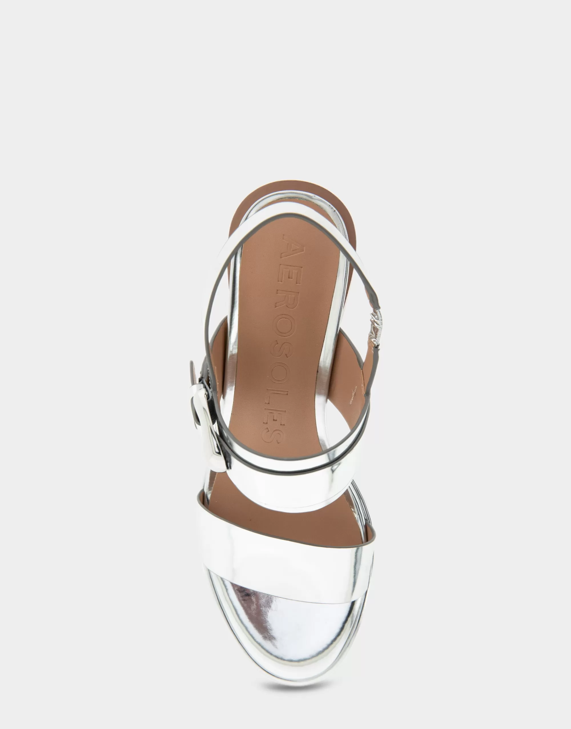 Aerosoles Dress*Comfortable Women's Two Band Slingback Block Heel Sandal in Silver Mirror Metallic Faux Leather