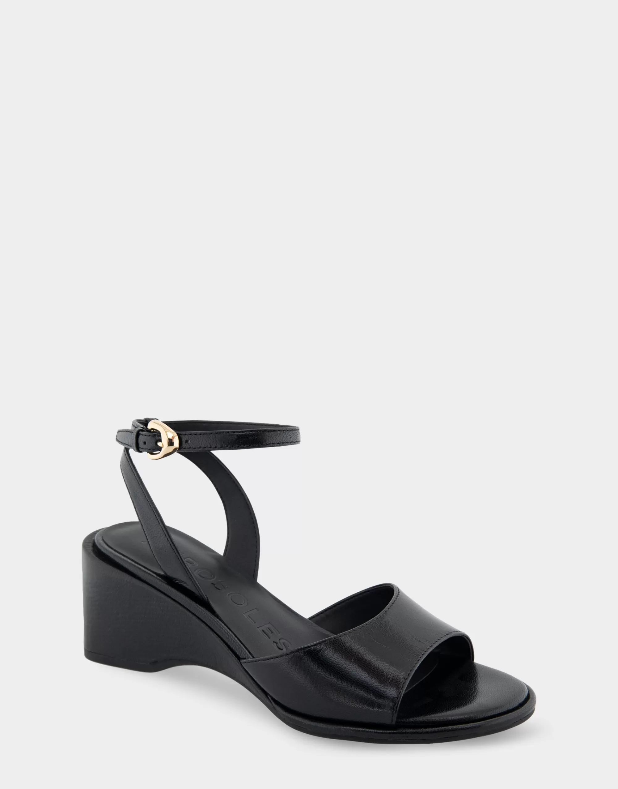 Aerosoles Dress | Wedges*Comfortable Women's Two Piece Ankle Strap Wedge Sandal in Black Leather
