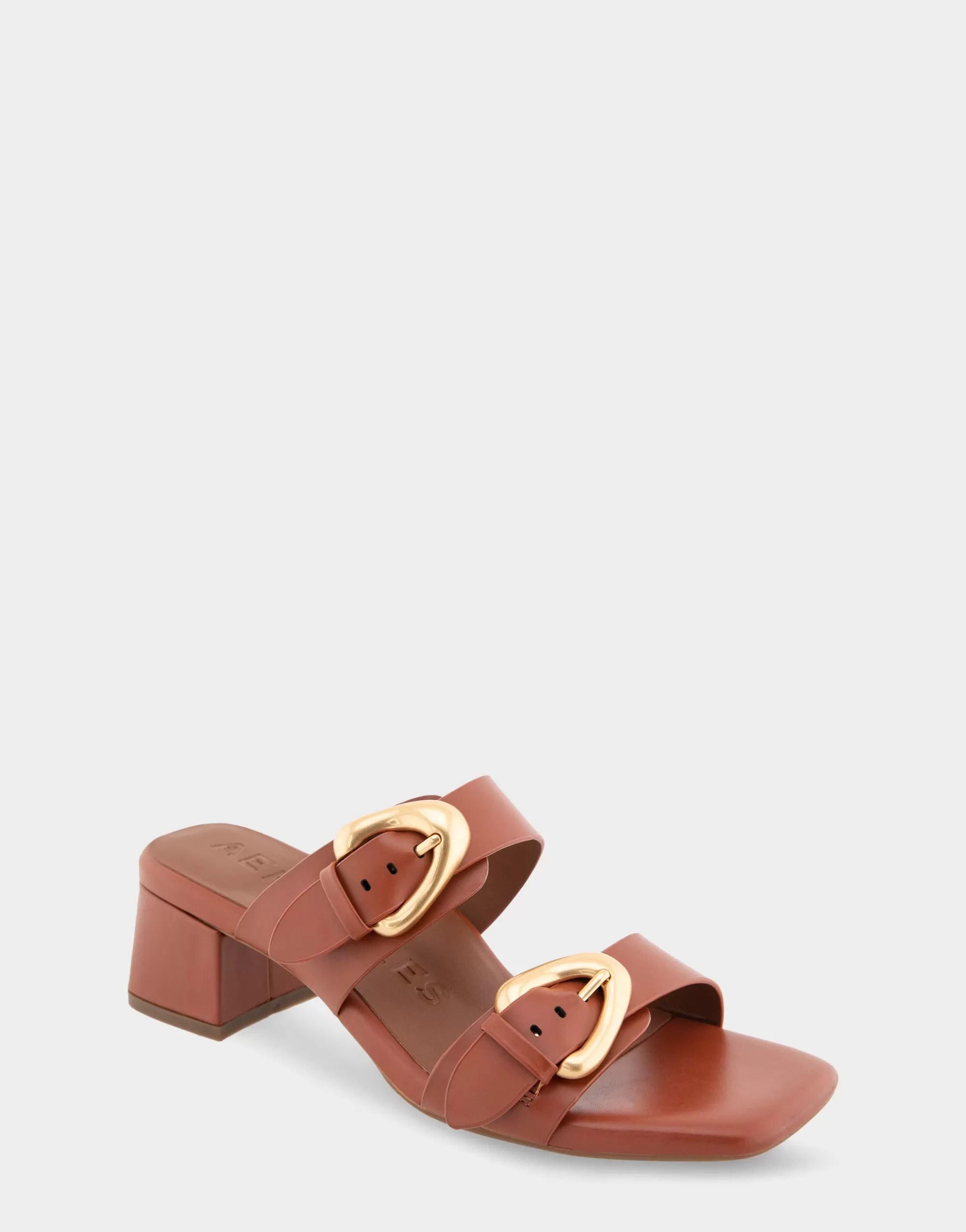 Aerosoles Slides*Comfortable Women's Two Strap Block Heel Slide Sandal in Gingerbread Leather