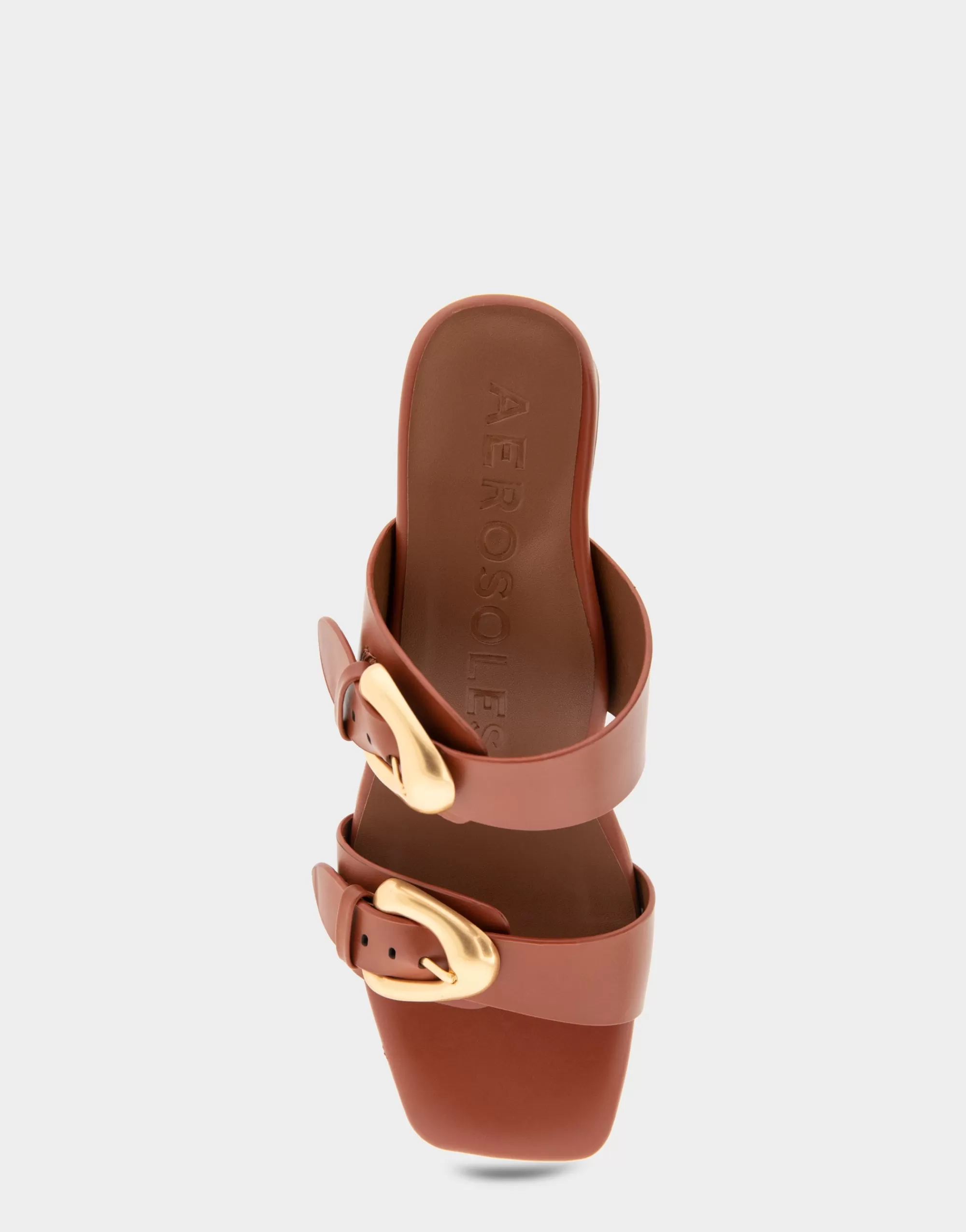 Aerosoles Slides*Comfortable Women's Two Strap Block Heel Slide Sandal in Gingerbread Leather
