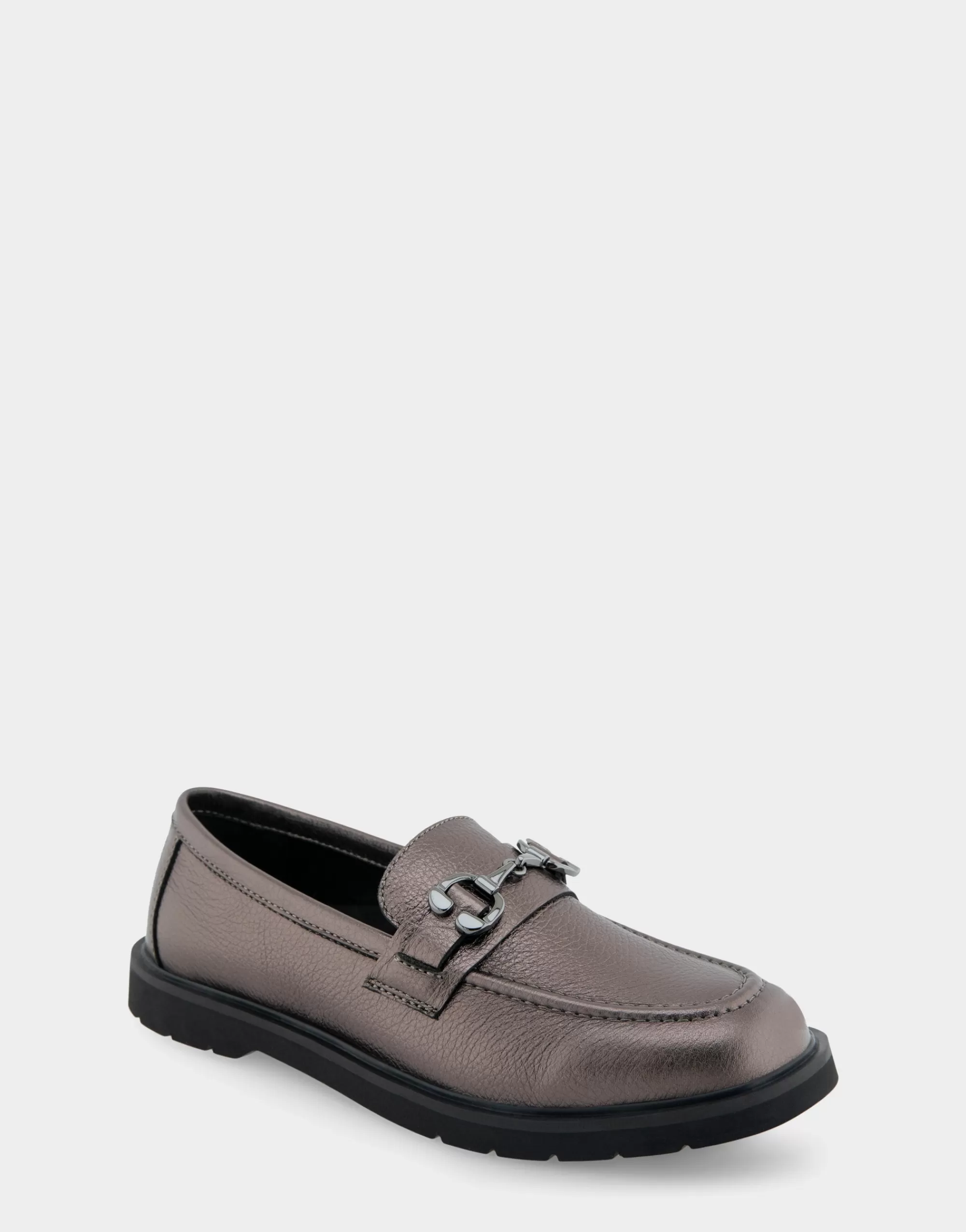 Aerosoles Wide Width Flats | Loafers*Comfortable Women's Ultralight Lug Loafer With Horsebit Detail in Gunmetal Pebbled Faux Leather Faux Leather
