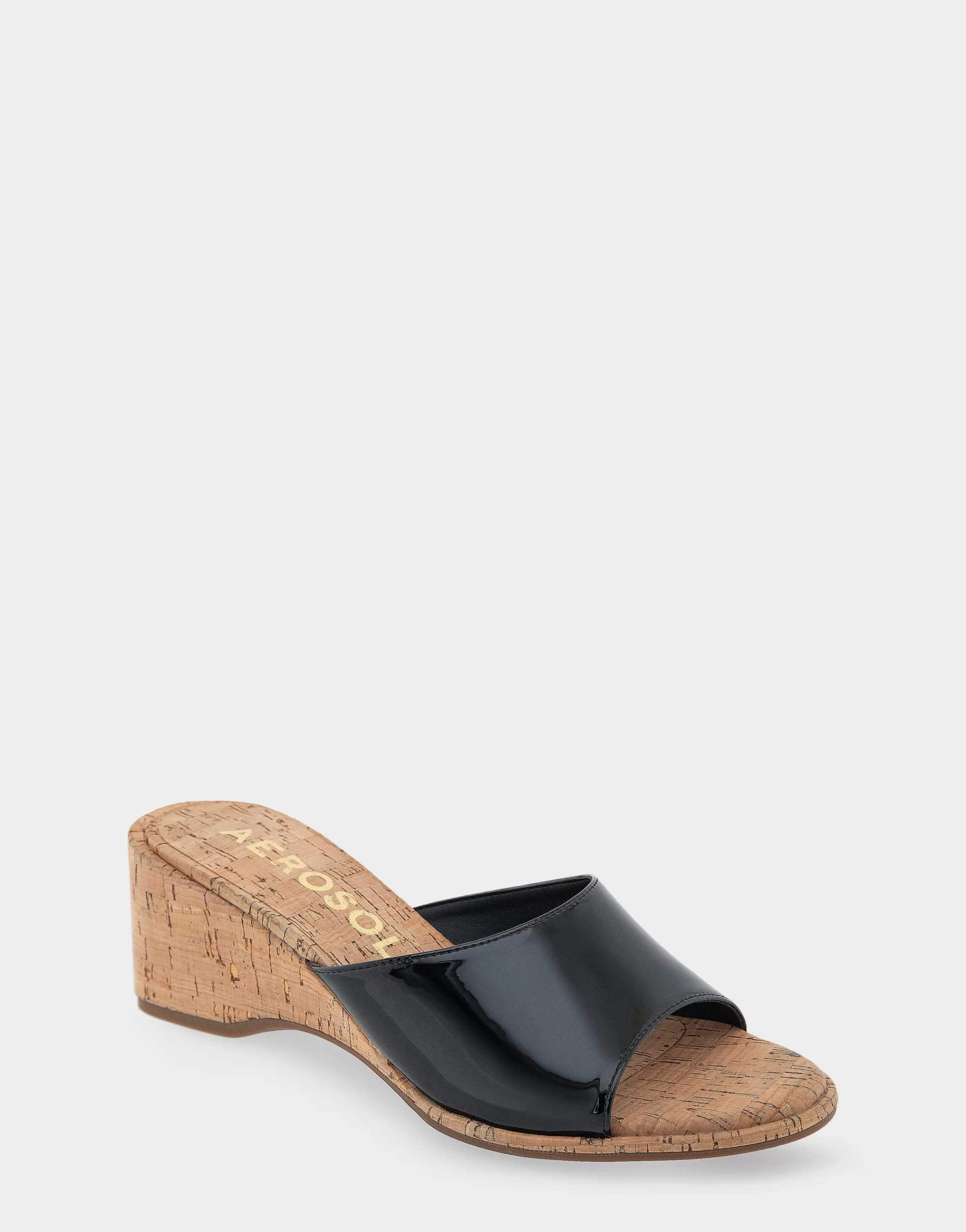 Aerosoles Slides | Dress*Comfortable Women's Wedge Slide Sandal in Black Patent Faux Leather