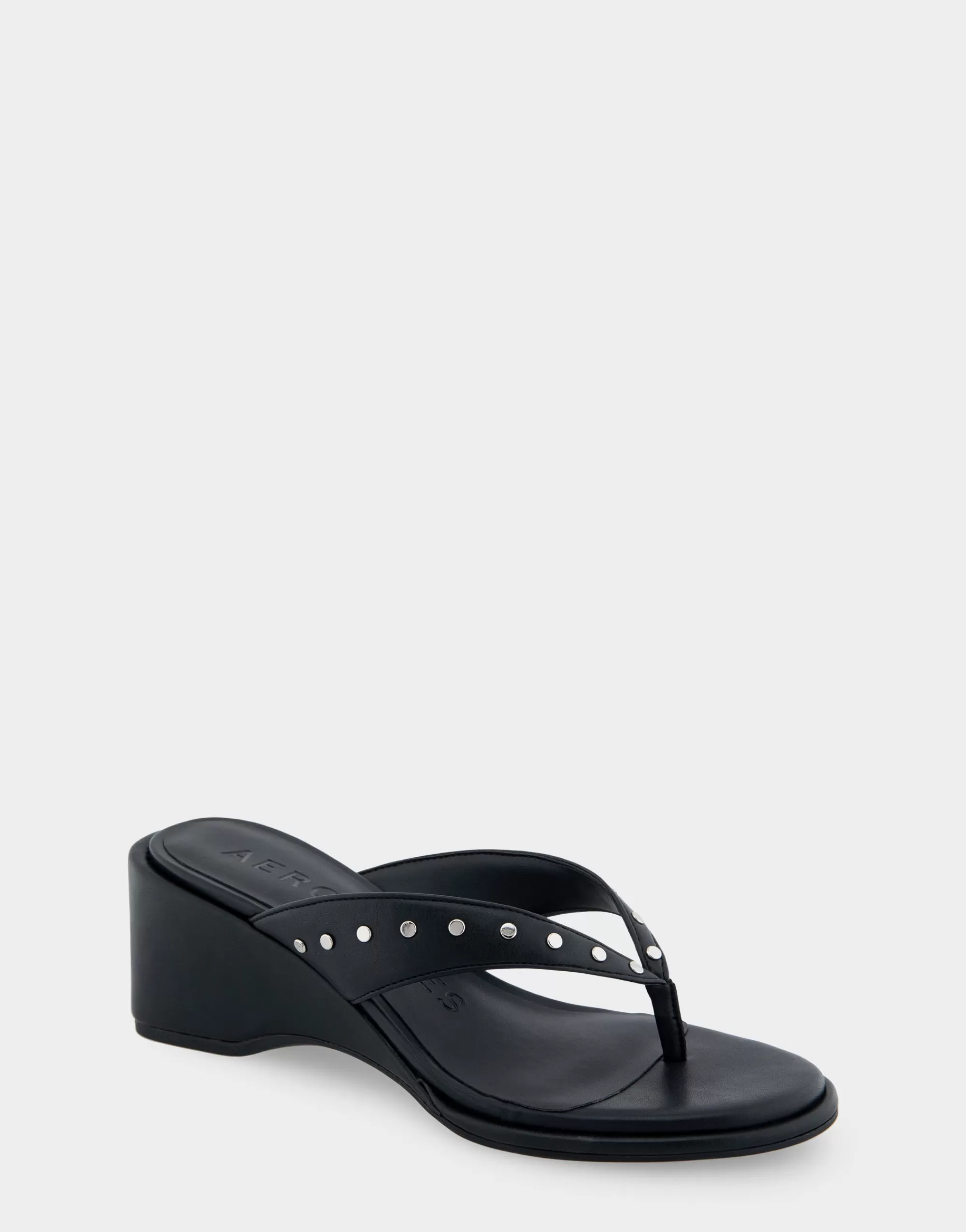 Aerosoles Dress | Wedges*Comfortable Women's Wedge Thong Sandal in Black Allover Faux Leather